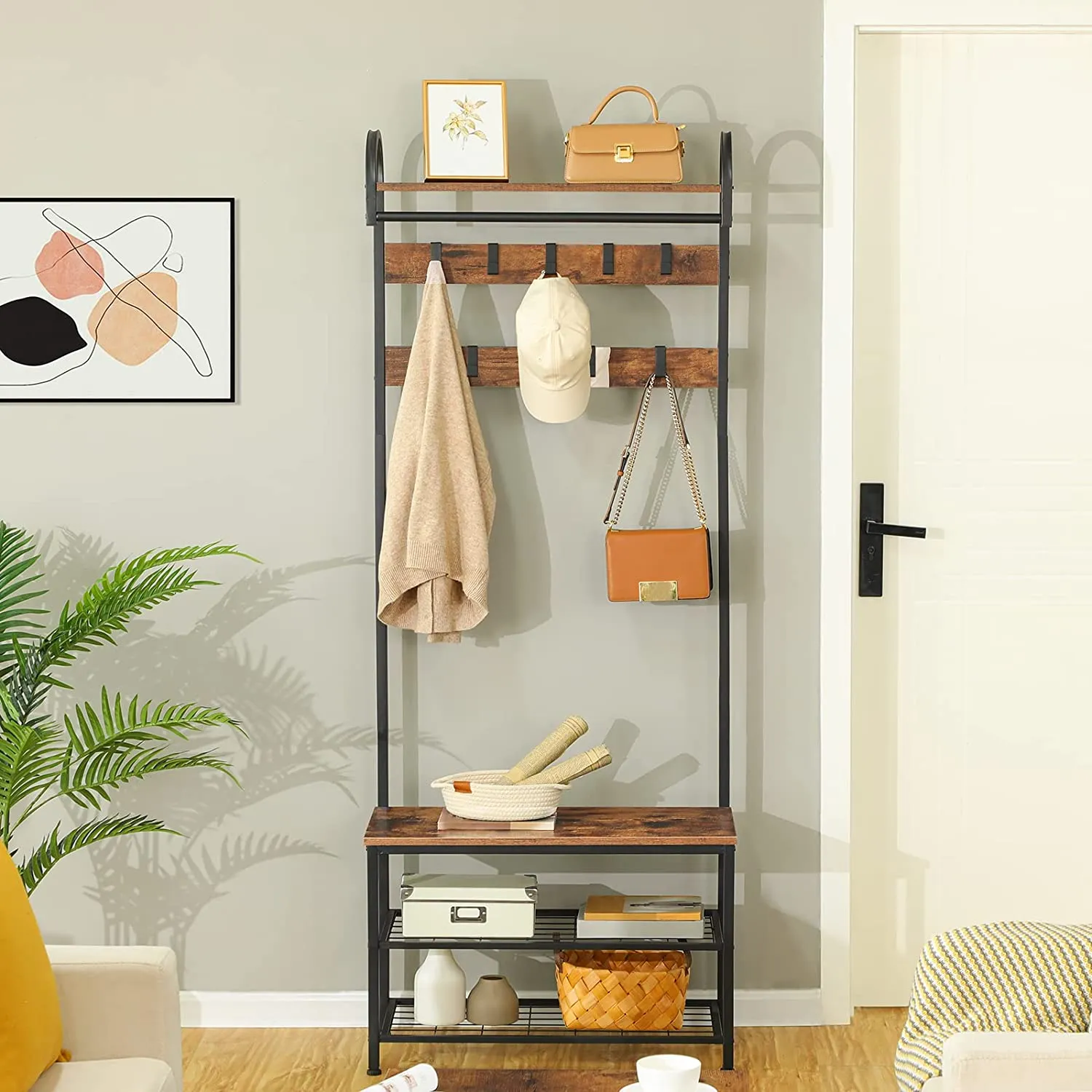 Coat Rack Shoe Bench, Hall Tree with Bench and Shoe Storage,Hall Tree with Storage Shelf