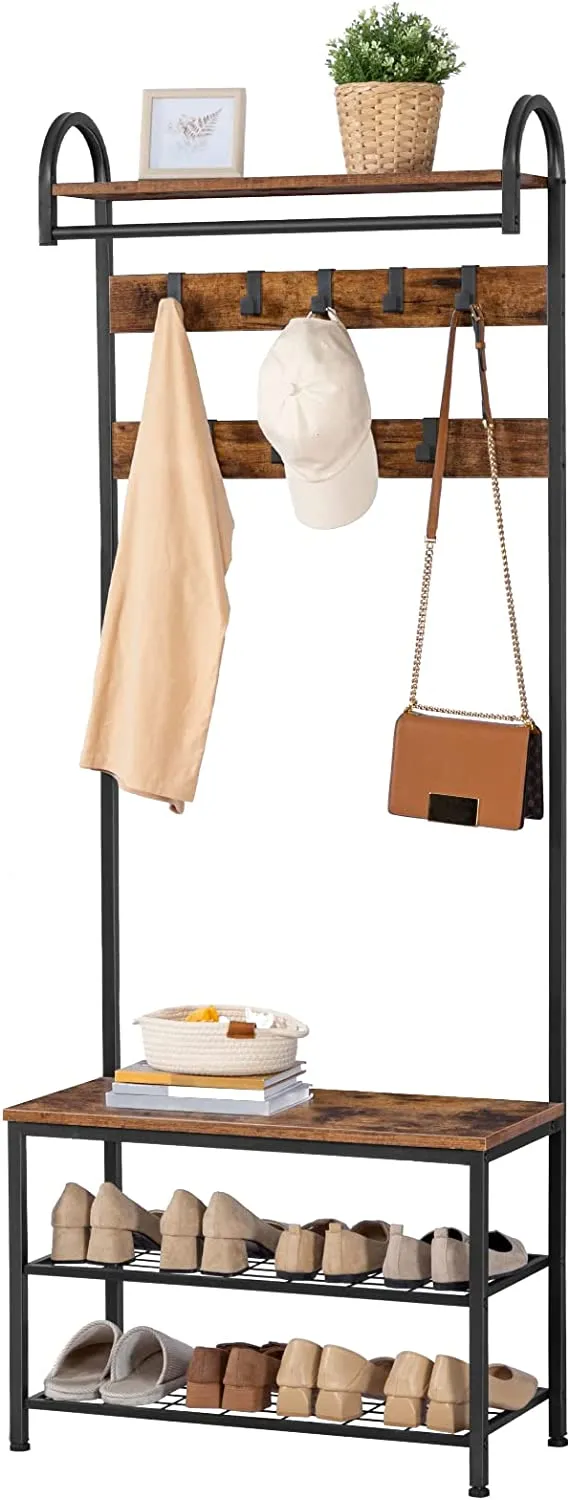 Coat Rack Shoe Bench, Hall Tree with Bench and Shoe Storage,Hall Tree with Storage Shelf