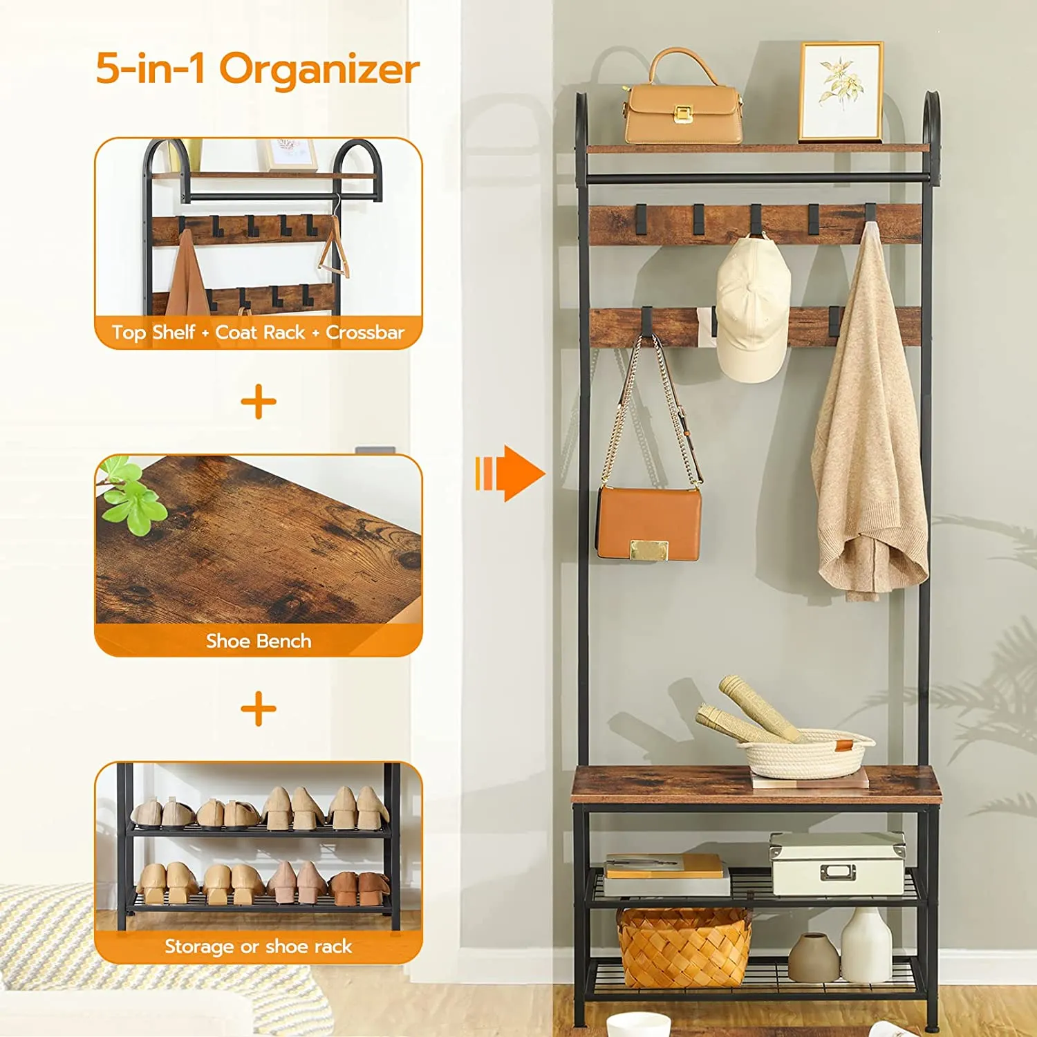 Coat Rack Shoe Bench, Hall Tree with Bench and Shoe Storage,Hall Tree with Storage Shelf
